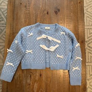 Elegant Blue Bow-Detail Women's Cardigan